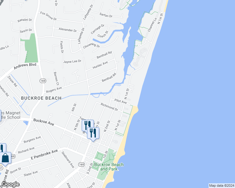 map of restaurants, bars, coffee shops, grocery stores, and more near 415 North 2nd Street in Hampton