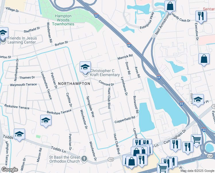 map of restaurants, bars, coffee shops, grocery stores, and more near 501 Concord Drive in Hampton