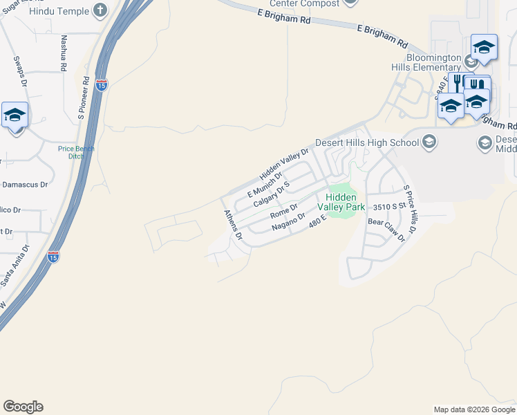 map of restaurants, bars, coffee shops, grocery stores, and more near 262 East Munich Drive in St. George