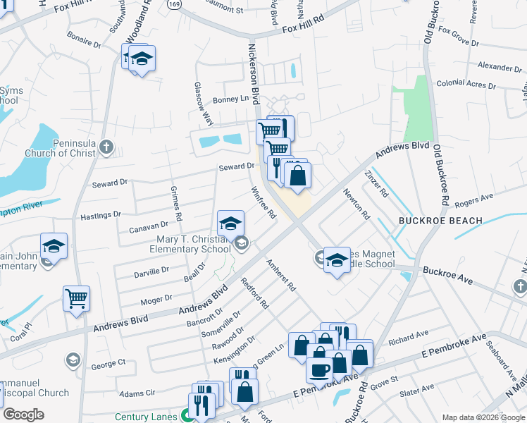 map of restaurants, bars, coffee shops, grocery stores, and more near 2012 Brown Circle in Hampton
