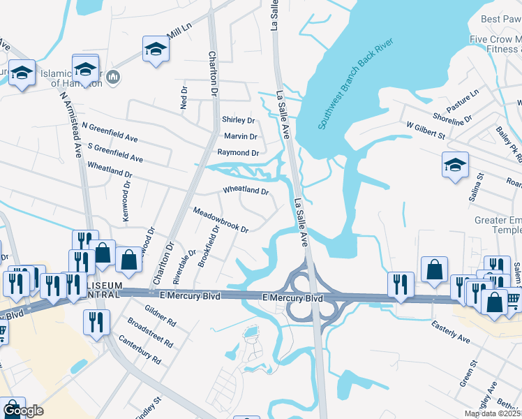 map of restaurants, bars, coffee shops, grocery stores, and more near 5 Wheatland Drive in Hampton