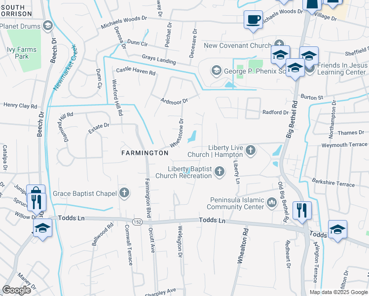 map of restaurants, bars, coffee shops, grocery stores, and more near 44 Whetstone Drive in Hampton