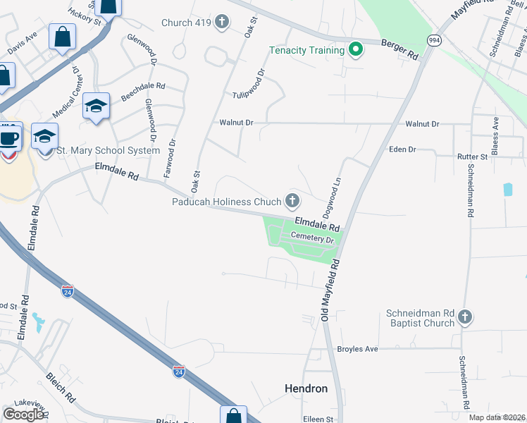 map of restaurants, bars, coffee shops, grocery stores, and more near 315 Keeling Drive in Paducah