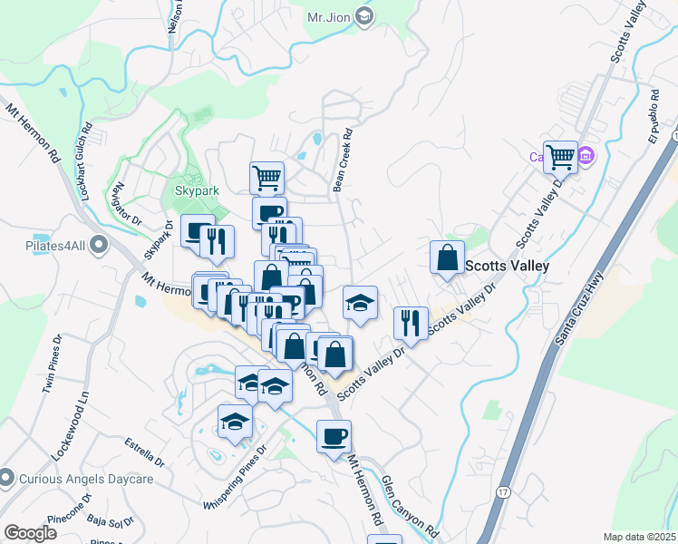 map of restaurants, bars, coffee shops, grocery stores, and more near 111 Bean Creek Road in Santa Cruz