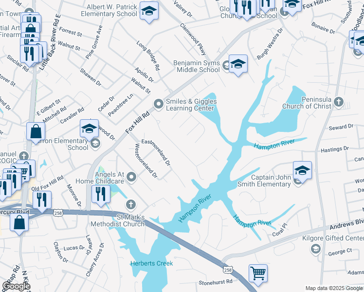 map of restaurants, bars, coffee shops, grocery stores, and more near 49 Mohawk Road in Hampton