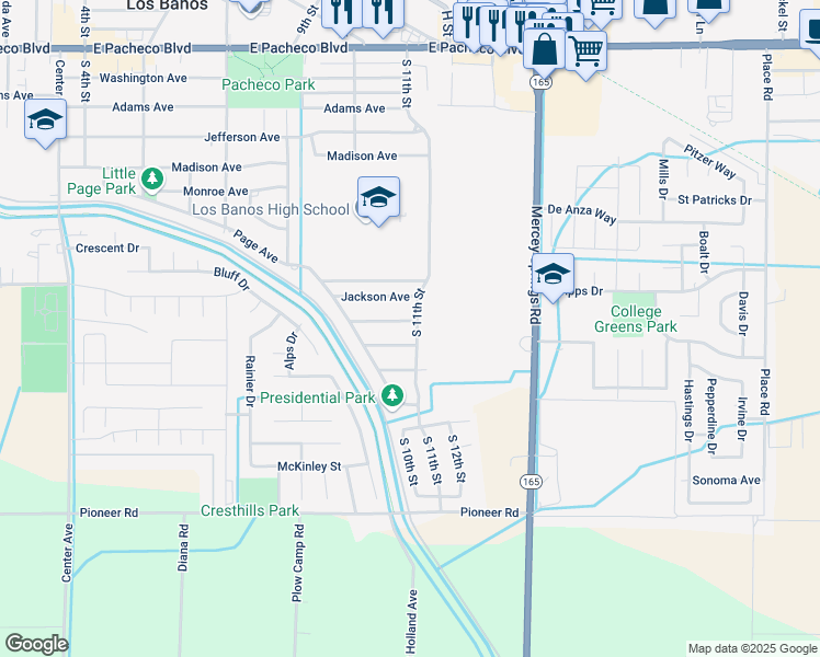 map of restaurants, bars, coffee shops, grocery stores, and more near 1916 South 11th Street in Los Banos