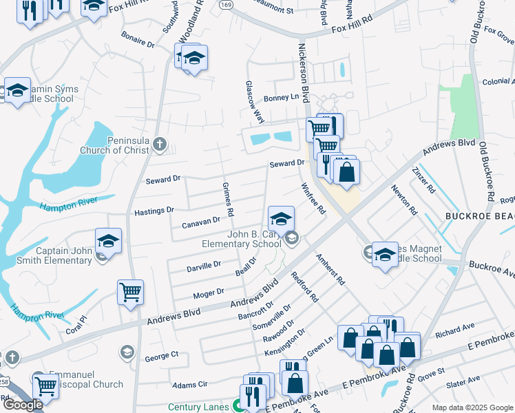 map of restaurants, bars, coffee shops, grocery stores, and more near 1911 Tyndall Circle in Hampton