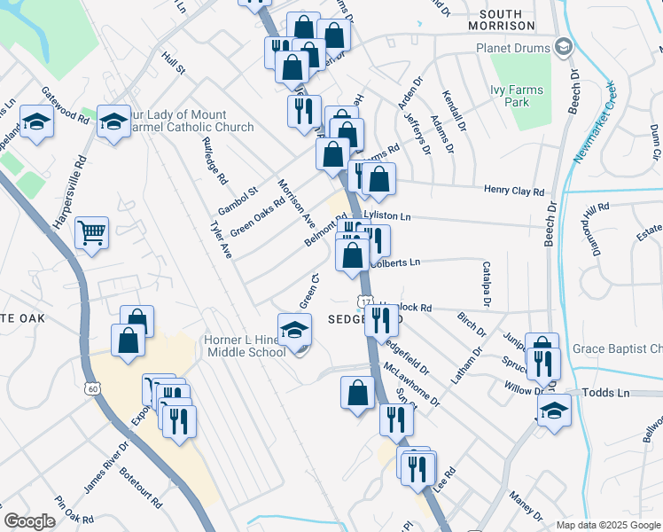 map of restaurants, bars, coffee shops, grocery stores, and more near 425 Morrison Avenue in Newport News