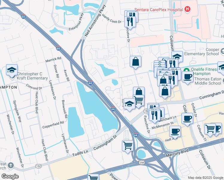 map of restaurants, bars, coffee shops, grocery stores, and more near 1100 Lake Ridge Road in Hampton