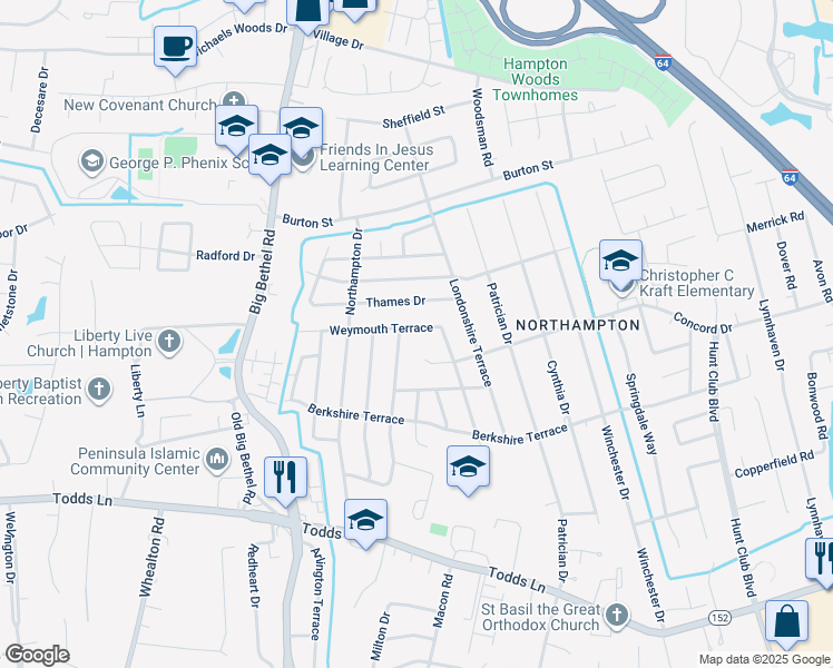 map of restaurants, bars, coffee shops, grocery stores, and more near 815 Weymouth Terrace in Hampton