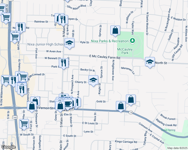 map of restaurants, bars, coffee shops, grocery stores, and more near 405 Kelsey Court in Nixa