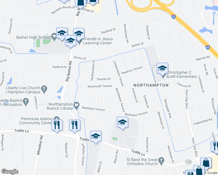 map of restaurants, bars, coffee shops, grocery stores, and more near 815 Weymouth Terrace in Hampton