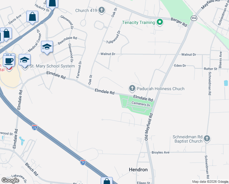 map of restaurants, bars, coffee shops, grocery stores, and more near 315 Keeling Drive in Paducah