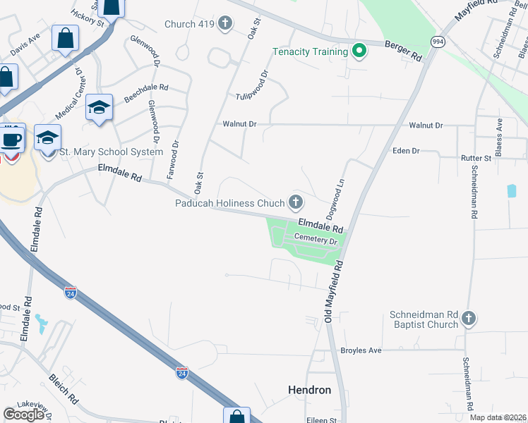 map of restaurants, bars, coffee shops, grocery stores, and more near 315 Keeling Drive in Paducah
