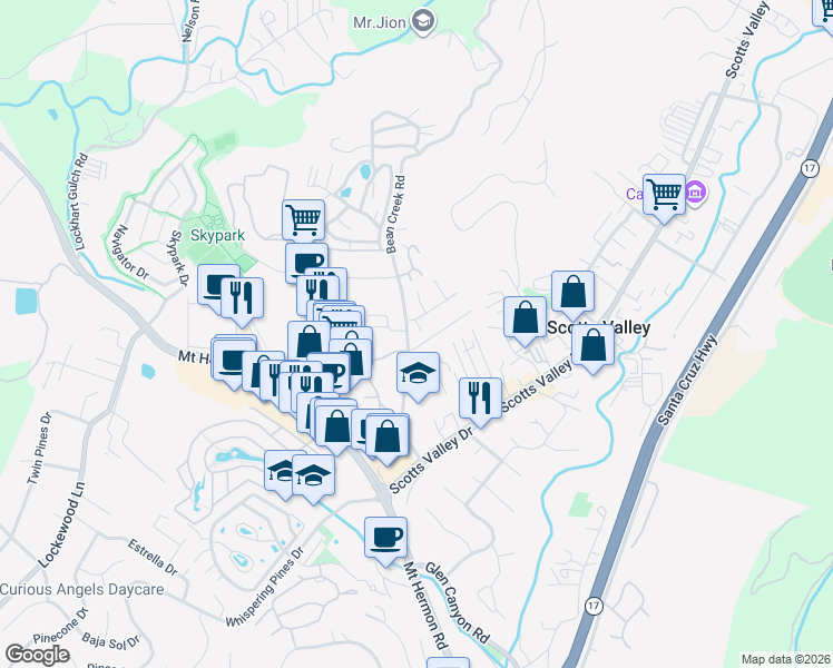 map of restaurants, bars, coffee shops, grocery stores, and more near 102 Oak Lane in Scotts Valley