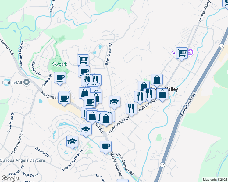 map of restaurants, bars, coffee shops, grocery stores, and more near 192 Bean Creek Road in Scotts Valley