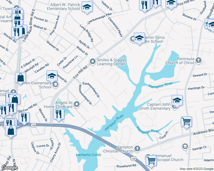 map of restaurants, bars, coffee shops, grocery stores, and more near 49 Mohawk Road in Hampton