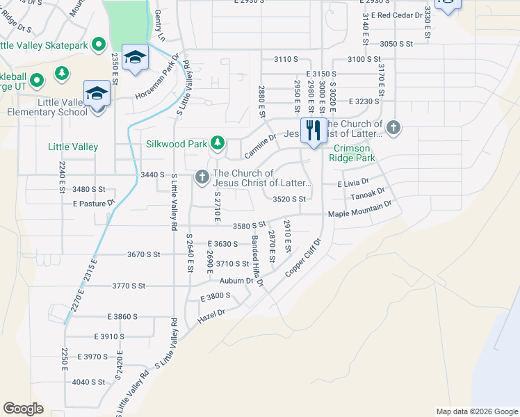 map of restaurants, bars, coffee shops, grocery stores, and more near 2819 Briarwood Drive in St. George