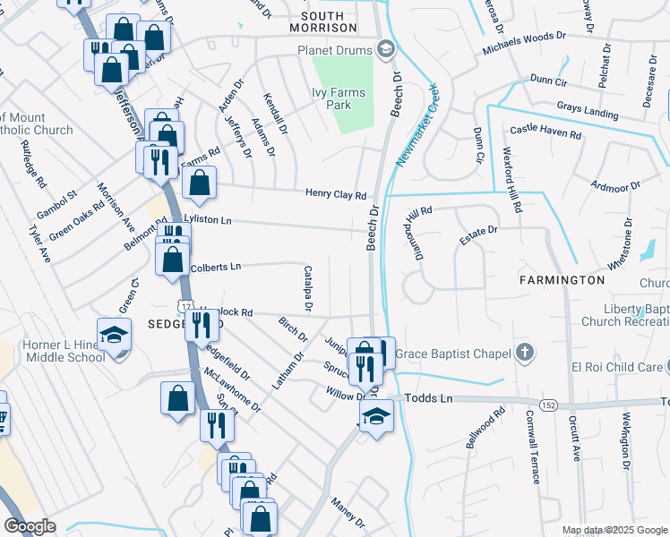 map of restaurants, bars, coffee shops, grocery stores, and more near 516 Latham Drive in Newport News