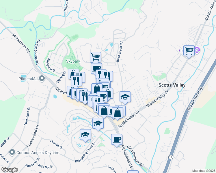 map of restaurants, bars, coffee shops, grocery stores, and more near 230 Mount Hermon Road in Scotts Valley