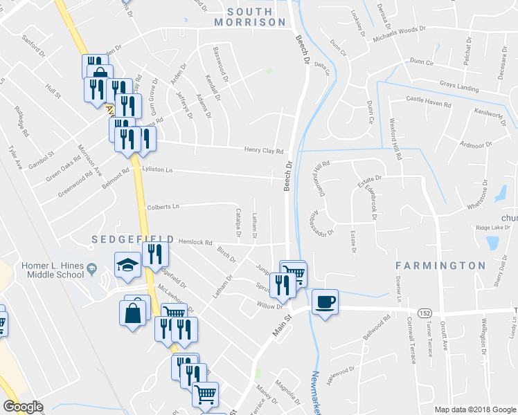 map of restaurants, bars, coffee shops, grocery stores, and more near 516 Latham Drive in Newport News
