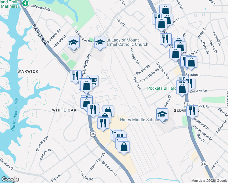 map of restaurants, bars, coffee shops, grocery stores, and more near 519 Logan Place in Newport News