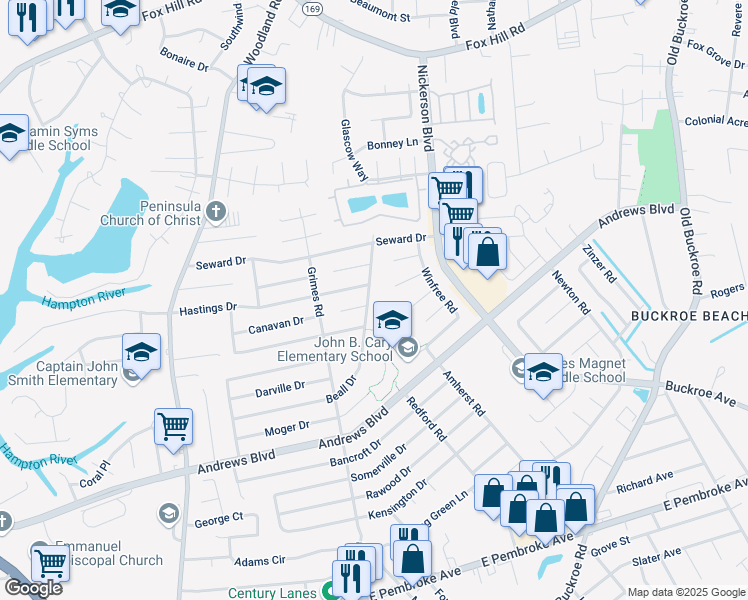 map of restaurants, bars, coffee shops, grocery stores, and more near 1940 Beall Drive in Hampton