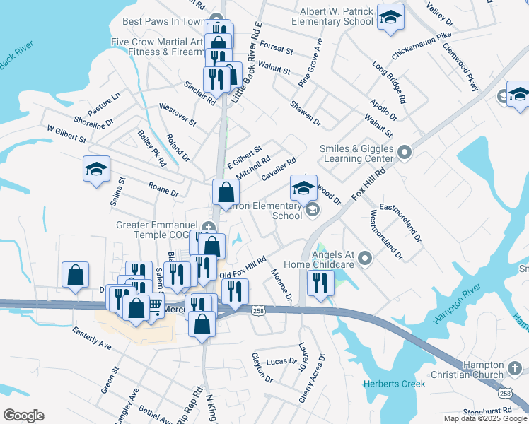 map of restaurants, bars, coffee shops, grocery stores, and more near 1 Delmar Street in Hampton