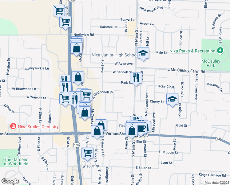 map of restaurants, bars, coffee shops, grocery stores, and more near 201 McConnel Street in Nixa