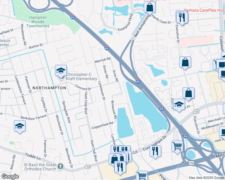 map of restaurants, bars, coffee shops, grocery stores, and more near 303 Concord Drive in Hampton