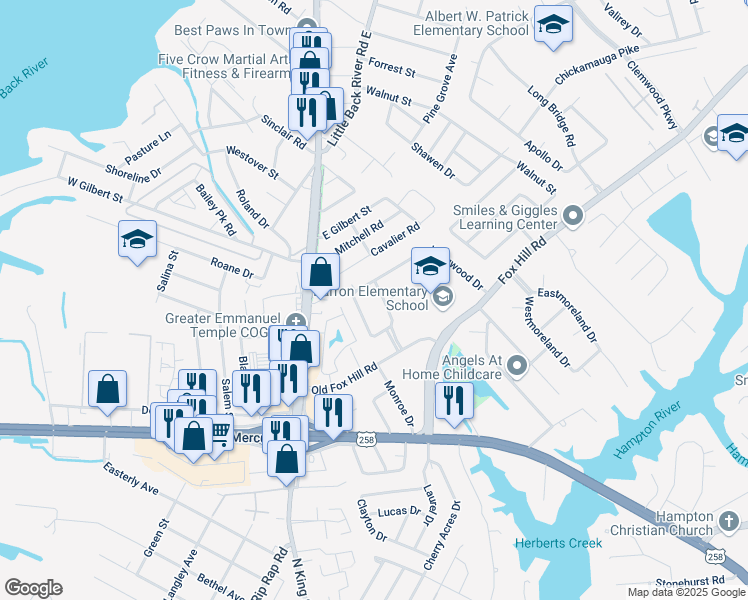 map of restaurants, bars, coffee shops, grocery stores, and more near 22 Longwood Drive in Hampton