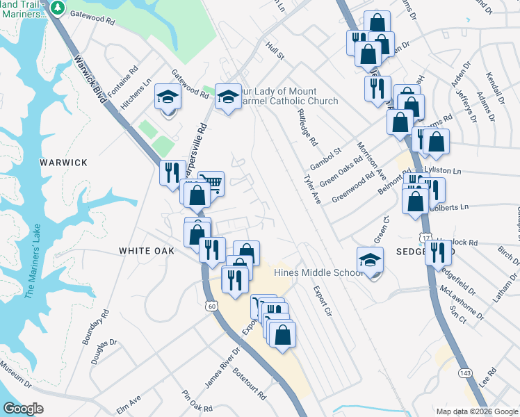 map of restaurants, bars, coffee shops, grocery stores, and more near 538 Logan Place in Newport News