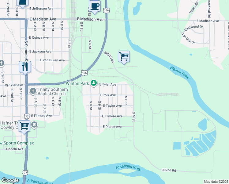 map of restaurants, bars, coffee shops, grocery stores, and more near 1226 South K Street in Arkansas City