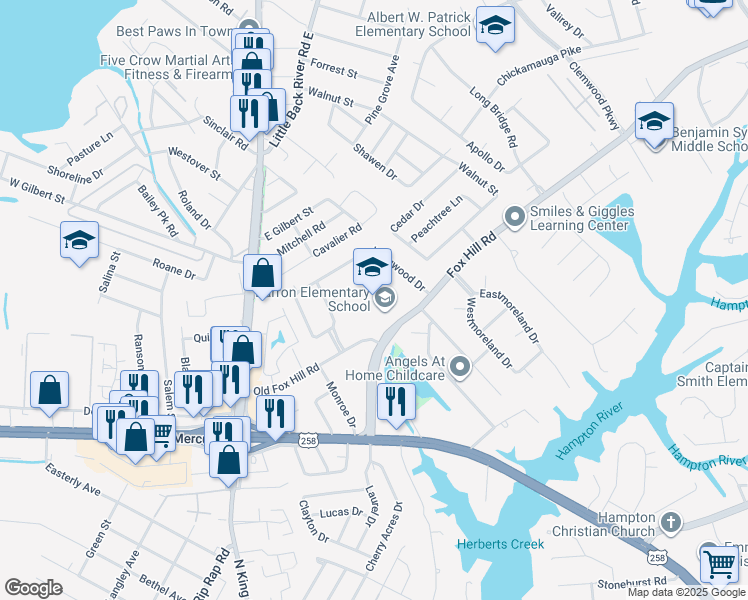 map of restaurants, bars, coffee shops, grocery stores, and more near 45 Fox Hill Road in Hampton