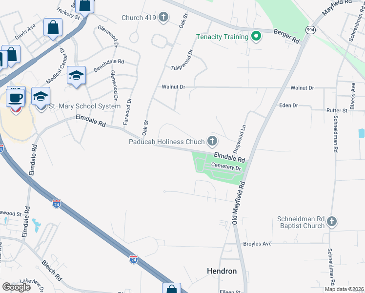 map of restaurants, bars, coffee shops, grocery stores, and more near 315 Keeling Drive in Paducah