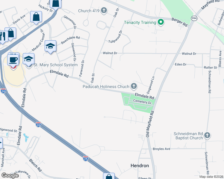 map of restaurants, bars, coffee shops, grocery stores, and more near 315 Keeling Drive in Paducah