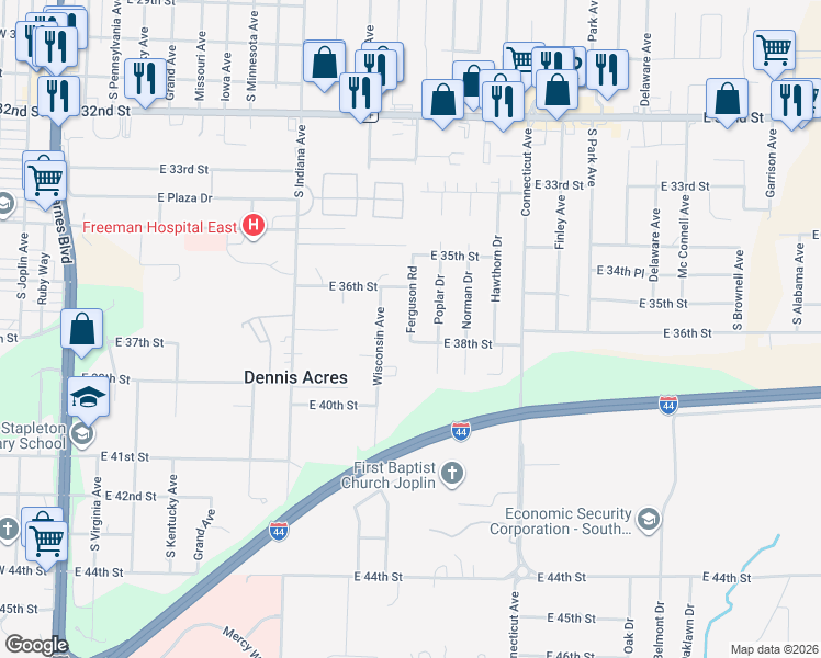 map of restaurants, bars, coffee shops, grocery stores, and more near 3708 Ferguson Road in Joplin
