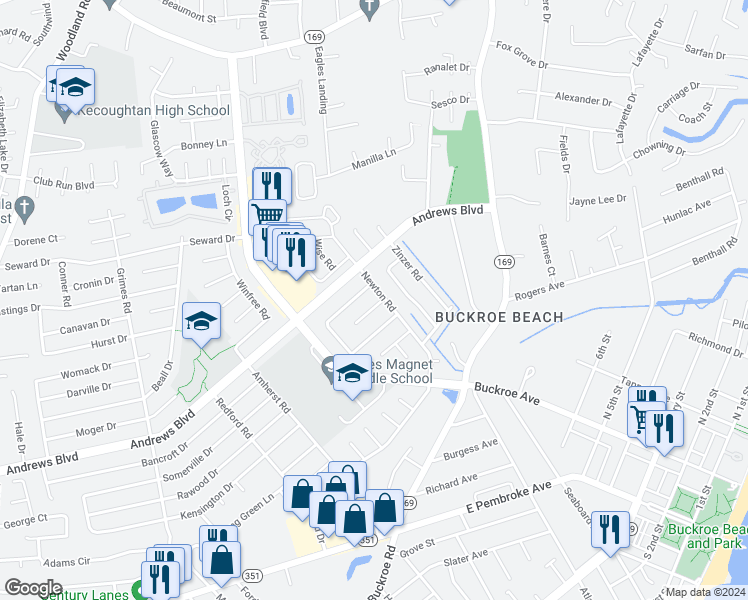 map of restaurants, bars, coffee shops, grocery stores, and more near 2215 McSweeney Circle in Hampton