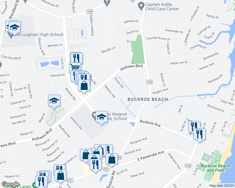 map of restaurants, bars, coffee shops, grocery stores, and more near 1917 McCulloch Road in Hampton