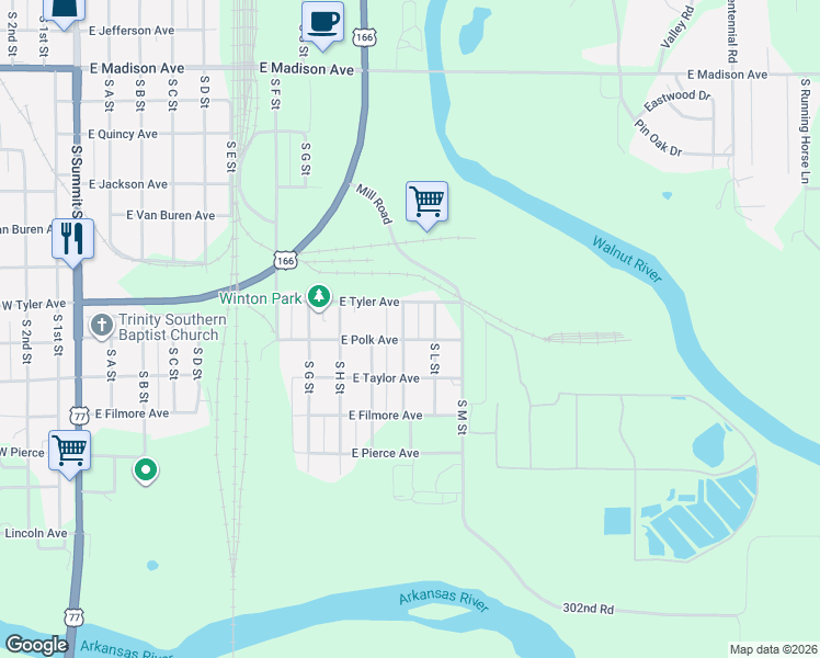 map of restaurants, bars, coffee shops, grocery stores, and more near 1226 South K Street in Arkansas City