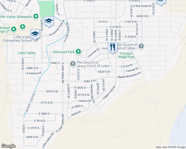 map of restaurants, bars, coffee shops, grocery stores, and more near 2819 Briarwood Drive in St. George