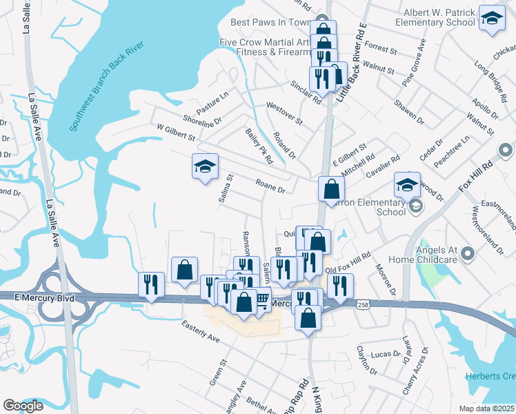 map of restaurants, bars, coffee shops, grocery stores, and more near 200 Boswell Drive in Hampton