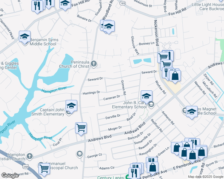 map of restaurants, bars, coffee shops, grocery stores, and more near 1500 Cronin Drive in Hampton