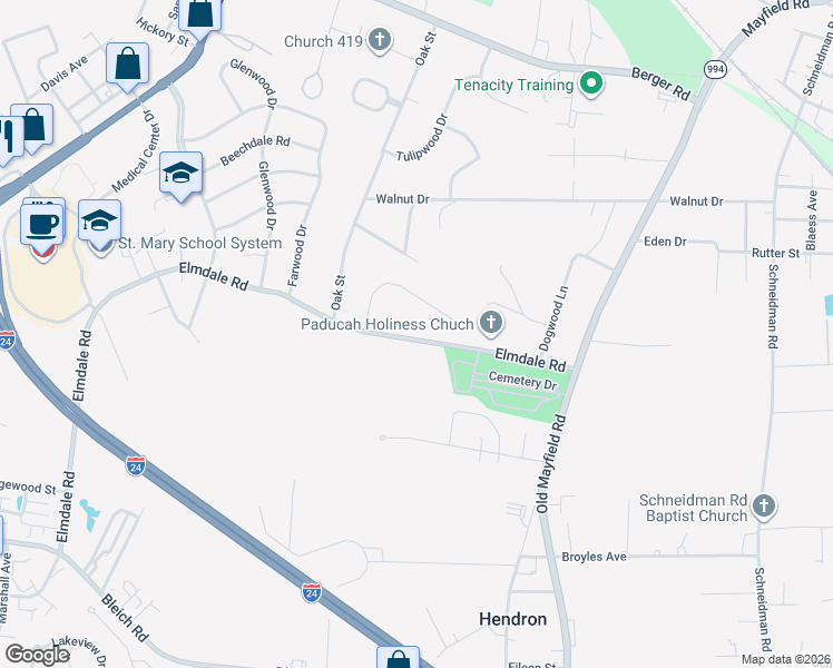 map of restaurants, bars, coffee shops, grocery stores, and more near 315 Keeling Drive in Paducah