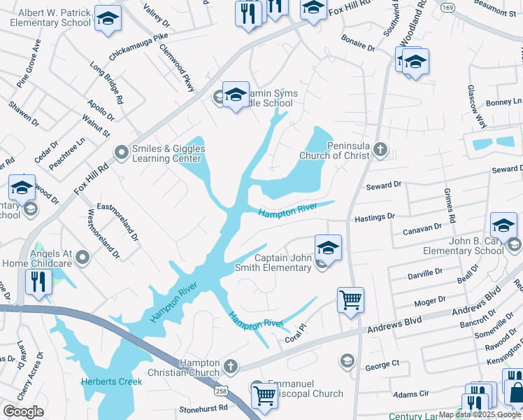 map of restaurants, bars, coffee shops, grocery stores, and more near 405 Elizabeth Lake Dr in Hampton