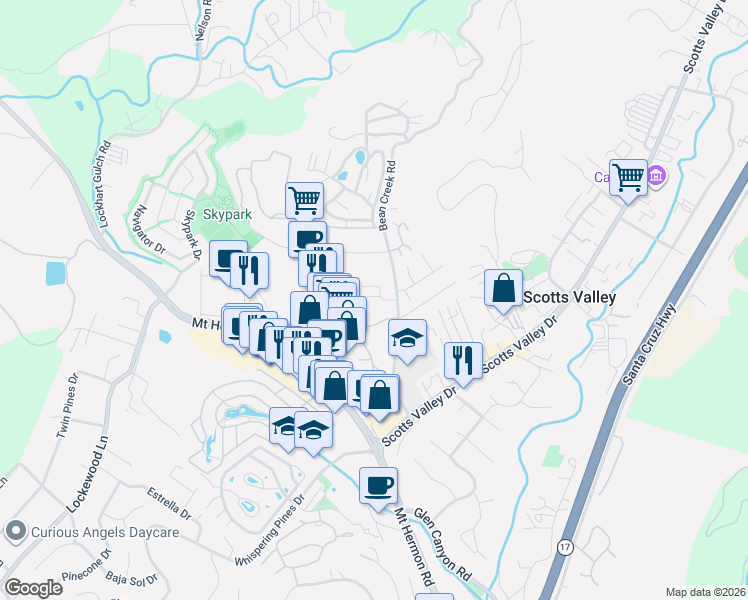 map of restaurants, bars, coffee shops, grocery stores, and more near 203 Bean Creek Road in Scotts Valley
