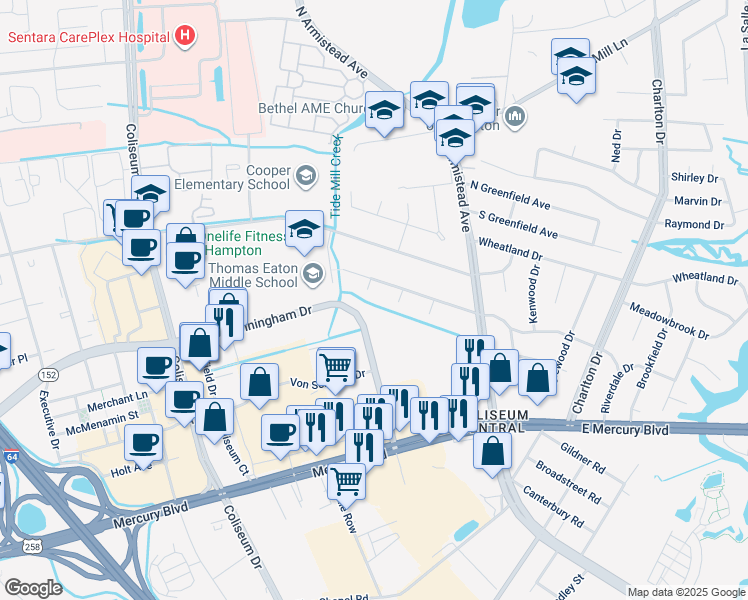 map of restaurants, bars, coffee shops, grocery stores, and more near 129 Westbrook Drive in Hampton