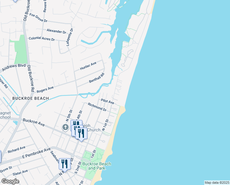 map of restaurants, bars, coffee shops, grocery stores, and more near 504 North 1st Street in Hampton