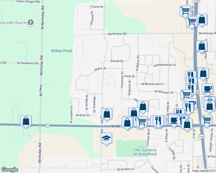 map of restaurants, bars, coffee shops, grocery stores, and more near 404-414 North Gregg Road in Nixa