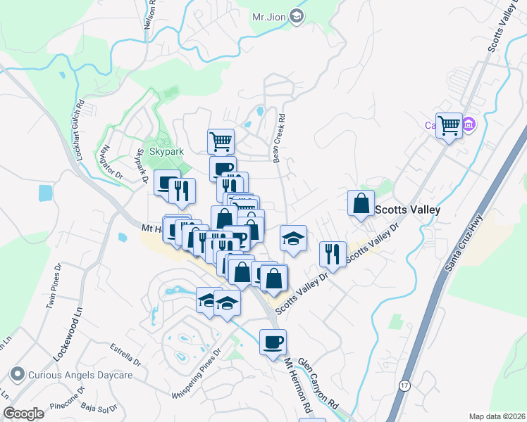map of restaurants, bars, coffee shops, grocery stores, and more near 211 Bean Creek Road in Scotts Valley
